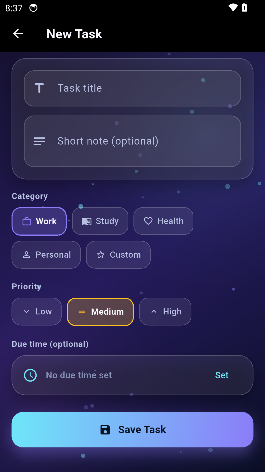 Alba Stats task creation interface