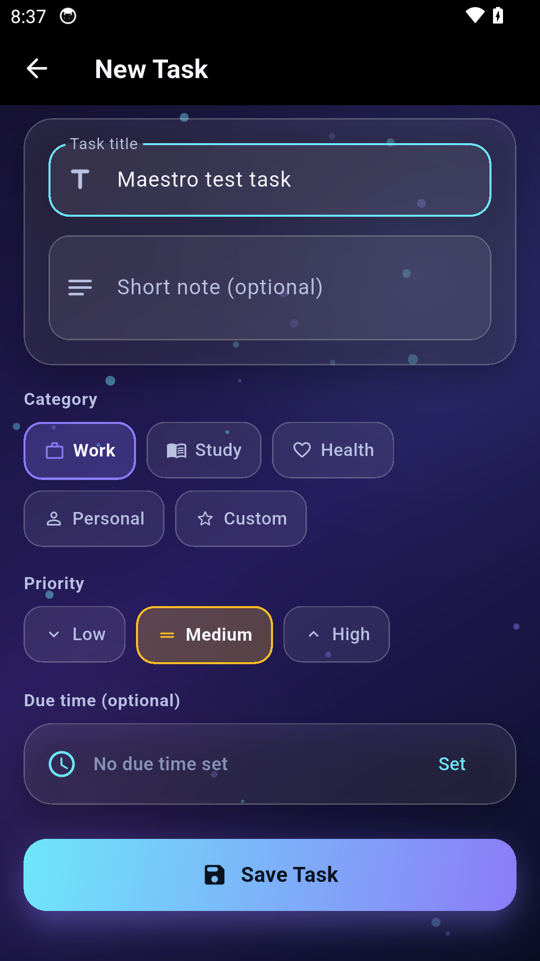 Alba Stats new task screen